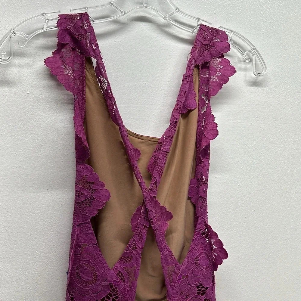 For Love & Lemons Gianna Apron Mini Dress Floral Lace Sleeveless Open Purple XS - Picture 8 of 13